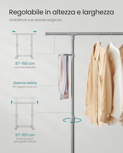 SONGMICS Stand Appendiabiti con Ruote, Attaccapanni, Altezza Regolabile 97-165 cm, Barra Estensibile, Ganci Laterali per Accessori, Grigio Tortora LLR001G01 - Immagine 2