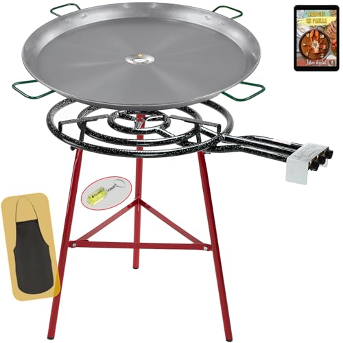 COMBOI Paellero gas butano 70 CM, Kit Quemador Paellera Acero Pulido 90 CM, Soporte Patas reforzadas, Nivel, Delantal, Libro de Recetas Digital