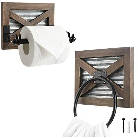 Farmhouse Toilet Paper Holder and Towel Ring Set with Galvanized Metal& Black Metal - Rustic Warm Brown Wood Wall Mount Toilet Roll Holder for Bathroom Decor Cover