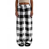 IYOWEL レディース フラシ天チェック柄パジャマパンツ キュートなフランネルチェック柄ラウンジパンツ ポケット付き 秋冬暖かいパジャマボトム, ブラック, Medium