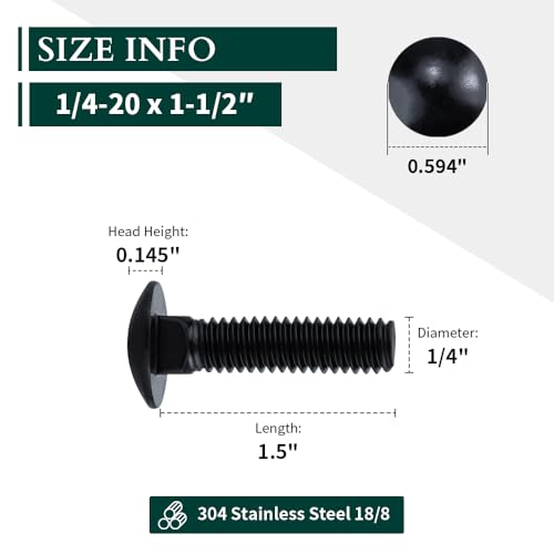 Image of 1 /4-20 x 1-1 /2 inch Black Steel Carriage Bolts, 304 Stainless Steel 18-8, Round Domed Head Square Neck Carriage Bolts Screws, Coarse Thread UNC, 25 PCS