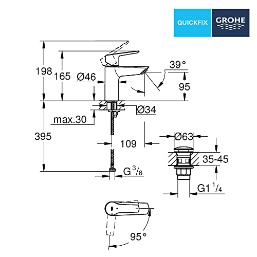 GROHE Start, Smooth Body Basin Mixer Tap with Push-Open Pop-Up Waste Set (Metal Lever, 28 mm Ceramic Cartridge - Image 4