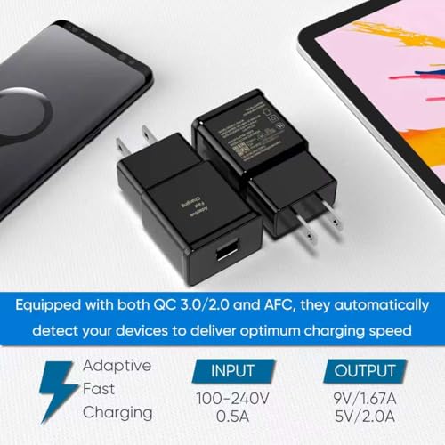 Image of Adaptive Fast Charging Block USB Wall Charger Adapter Fits Samsung Galaxy S25 /S24 /S23 /S22 /S22 Ultra /S21 /S20 /S10 /S9 /S8 /S7 /Edge /Note 10 Quick Charge (Black, 2 Pack)
