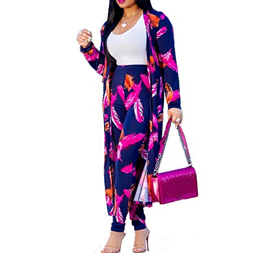 Image of Womens Fashion Printed Long Cardigans 2 Piece Outfits,Long Sleeve Coat and Trousers Set