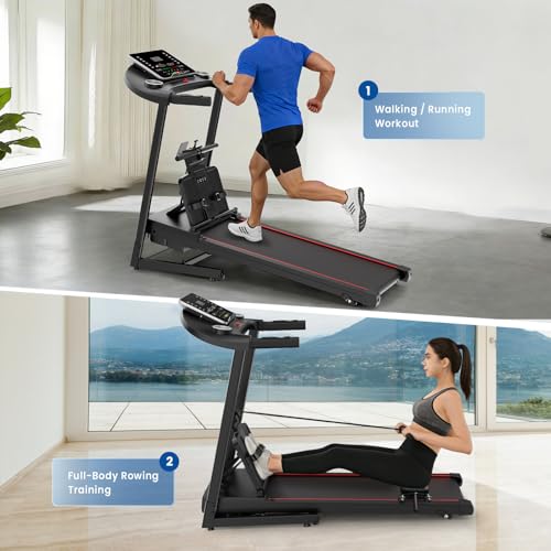Image of 2-in-1 Treadmill and Rowing Machine Combines Running and Rowing for Aerobic Exercise with Adjustable Resistance, Space-Saving Full-Body Workout Machine