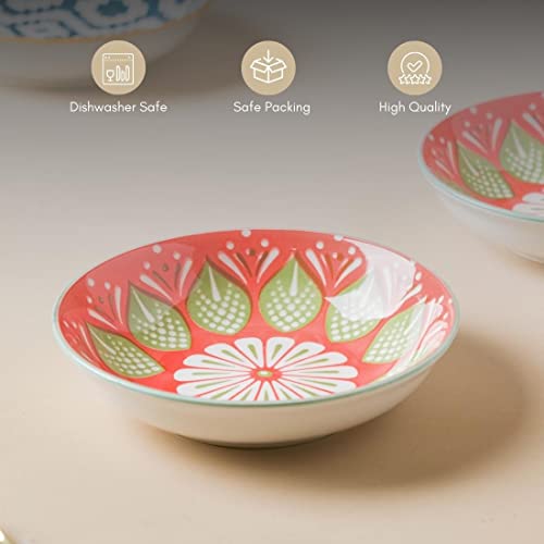 Image of Nestasia Ceramic Round Snack Plate Set of 4 (5.5 Inch Each) - Floral Dahi Bhalla Plate for Serving Chaat, Halwa, Chakna, & Desserts | Microwave & Dishwasher Safe Small Plate (Red & Green)