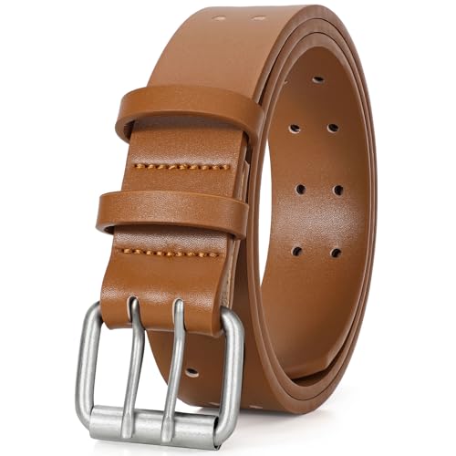 Image of JASGOOD Men Double Prong PU Leather Belt Casual Work Heavy Duty Belt Double Grommet Holes Belt for Jeans