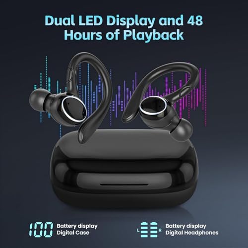 Image of Wireless Earbuds Bluetooth 5.3 Headphones Stereo Ear Buds, ENC Noise Cancelling Mic,IPX7 Waterproof Earphones with Hook for Android iOS Smart Phone Laptop Computer Sports - Black
