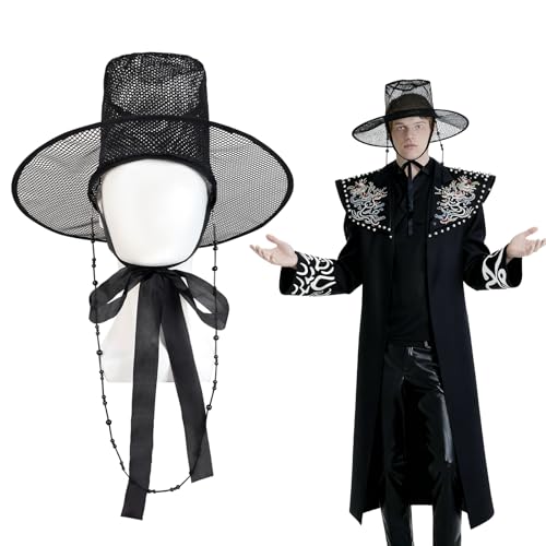 Korean Gat Hat Cosplay Accessory – Traditional Joseon Dynasty Black Mesh Hat with Beaded Chains & Ribbon | Kpop Idol Style Costume Hat for Men, Halloween Party & Stage Performance3