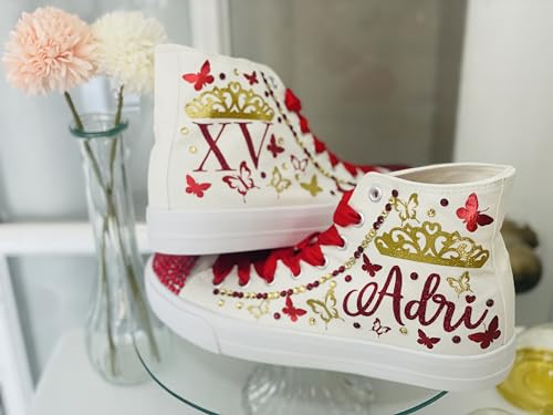 Quinceanera Sneakers Red Gold Butterfly - 15 Birthday personalized Shoes with butterflies - Zapatillas de 15 Rojas y Doradas Customized Tennis - Dancing Fiesta Mis 15th Party Gift (5)3