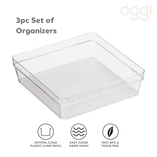 Image of Oggi Set of 3 Clear Drawer Organizers - (1) 6x6.25, (1) 6.25x9.25, (1) 6.25x15.75 - Ideal for Organizing Kitchen Drawers, Office, Desk, Silverware, Kitchen Utensils, Cosmetics and Bathrooms