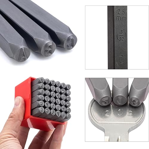 Image of NEIKO 02630A Number and Letter Punch Set with Heat-Treated Steel Punches, Imprinting & Arts and Crafts, 3 /32 inch (2.5MM) Shaft, 36 Pc Stamp Set, Uppercase Letter & Number Punch Set (A-Z / 0-8 / inch& inch)