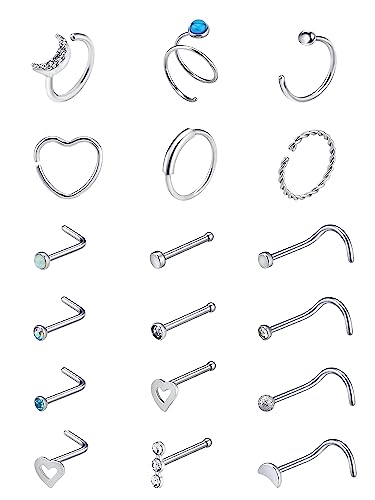 AMAZON - Nackiy 12-28 Pcs Nose Rings for Women Nose Piercing Jewelry L Shape Nose Rings Hoop Nose Jewelry Stainless Steel Studs Screw Body Piercing Jewelry for Women Men 20G(0.8mm)