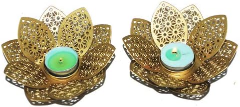 DecoVally Metalic Lotus Shaped Gold Laser Cutted tealight Holder, Candle Holder, Diwali Gift - 2 pcs Set