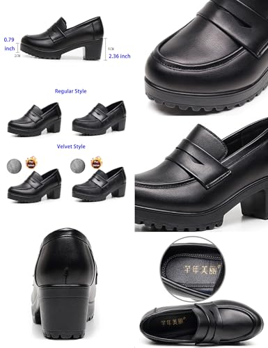 Women's Black Slip On Dress Pumps,Comfort Round Closed Toe Chunky Block High Heel Platform Casual Penny Leather Shoes2
