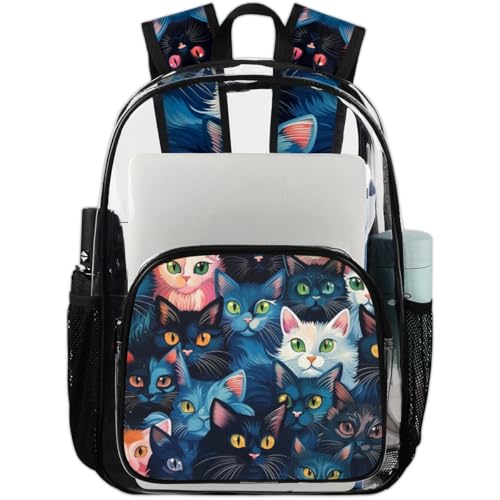 Cute Watercolor Cats Clear Backpack Stadium Approved PVC Backpacks for Adults Heavy Duty Clear Bag for Work Security Travel College