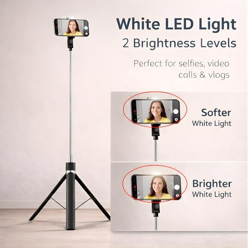 Image of Novobit 3-in-1 Selfie Stick Tripod & Video Recording Stand for Phone with LED Light & Bluetooth Remote | 170cm /67 Inch Vlogging Stand for Reels, YouTube & Video Shooting - iPhone & Android