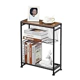 Dulcii Small Side Table for Small Spaces - Slim End Table with Magazine Holder - 2 in 1 Design Narrow End Table Living Room - Skinny Bedside Table Nightstand Bedroom Thin Side Table, Rustic Brown