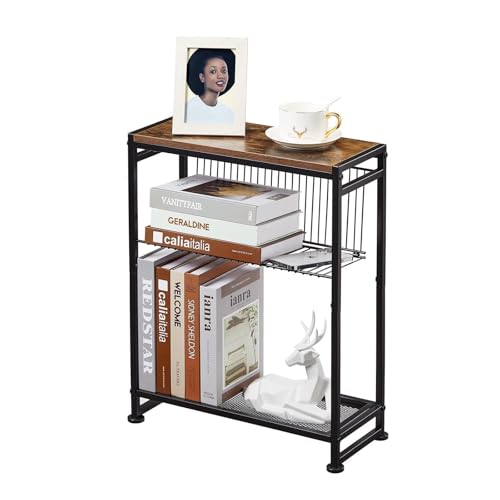 Dulcii Small Side Table for Small Spaces - Slim End Table with Magazine Holder - 2 in 1 Design...