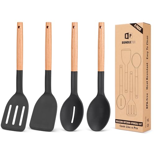 Juego de 4 utensilios de cocina de silicona, espátulas sólidas antiadherentes y cucharas ranuradas resistentes al calor con mango de madera, juego de utensilios de cocina de madera ideal para freír,