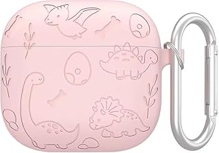 جراب حماية سيليكون من Next Store متوافق مع AirPods 4 بتصميم ديناصور لطيف، غطاء حماية وردي بنقش بارز للبنات والأطفال، كفر مقاوم للصدمات مع حلقة تعليق (مشبك).