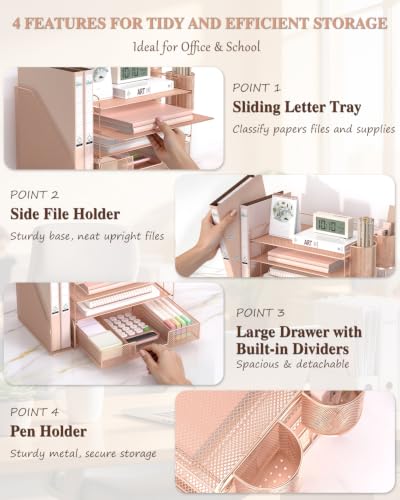 Image of WALI Desk File Organizer, 4 Tier Desktop Paper Letter Tray Organizer with Drawer and 2 Pen Holders, Office Desk Accessories & Workspace Organizers for Office, Home, School Supplies, 1 Pack, Rose Gold