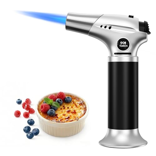 Ankway Soplete de Cocina - Recargable Flambeador Cocina con Bloqueo de Seguridad y Llama Ajustable para postres de crema brulee, hornear, barbacoa, bricolaje, Plateado - Butano No Incluido