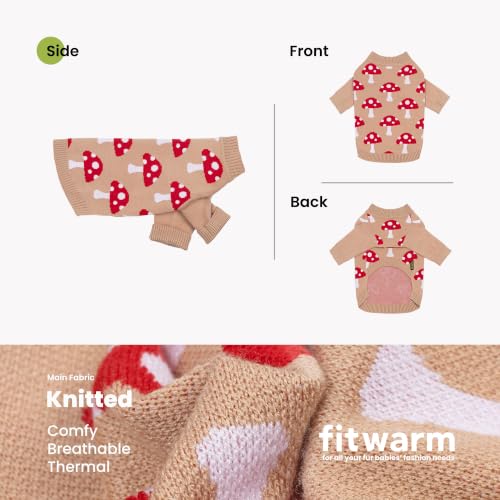 Image of Fitwarm Mushroom Dog Knitted Sweater, Cozy Winter Clothes for Small Dogs Boy Girl, Soft Pet Outfit, Beige, Red, White, Medium