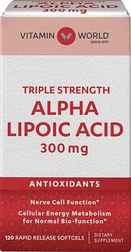 Vitamin World Alpha Lipoic Acid 300 mg. 120 softgels, Triple Strength, Antioxidant, Rapid-Release, Gluten Free