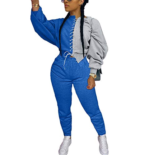 Remelon Womens 2 Piece Sweater Suits Sexy Stitching Strappy Sweatshirts + Stacked Sweatpants Tracksuit Jumpsuits