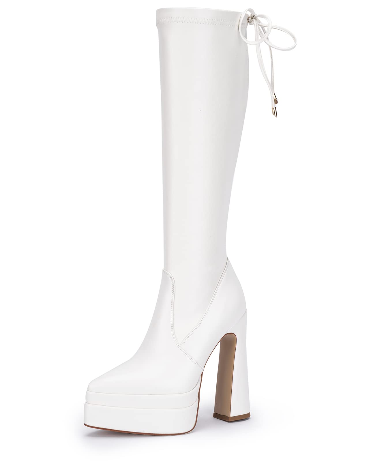 Pasuot Knee High Gothic Platform for Women Black Lace Up Chunky High Heel Long Boots, Stacked Platform Square Toe Block Heel PU Leather Goth Tall Boots with Side Zipper for Winter Fashion