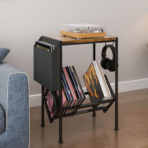 HMAKGG Mueble Tocadiscos Vintage con Ruedas- Soporte Vinilos de Madera Robusta con 2 Niveles, Almacenamiento para 100 Álbumes, Mesa Tocadiscos ultifuncional para Sala de Estar o Estudio, Negro
