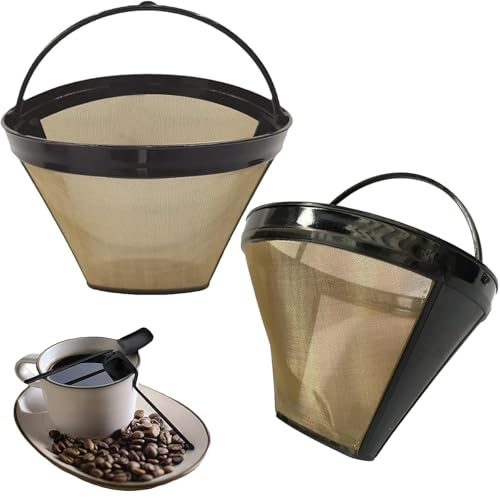 CLKE 2Pcs Gold Cone Coffee Filters for Ninja, Reusable & Washable Mesh Basket, Permanent Replacement Filter for Coffee Lovers