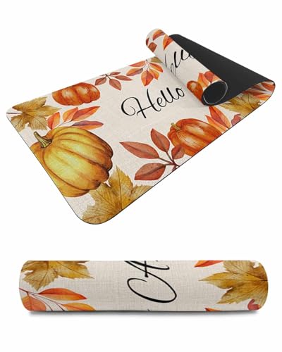 Debedcor Heat Proof Table Pads Waterproof Decorative, Hello Autumn Non-Slip Table Countertop Protector, Rustic Fall Pumpkin Maple Leaf Burlap Insulation Mat for Kitchen Room, 40 x 12 Inches