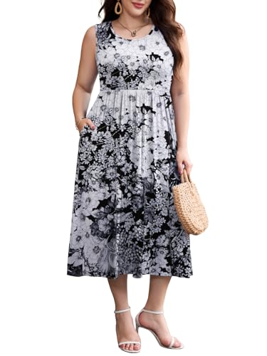 Image of LARACE Women's Plus Size Sleeveless Maxi Dress Casual Crew Neck Pleated Flowy Long Dresses with Pockets L-6XL