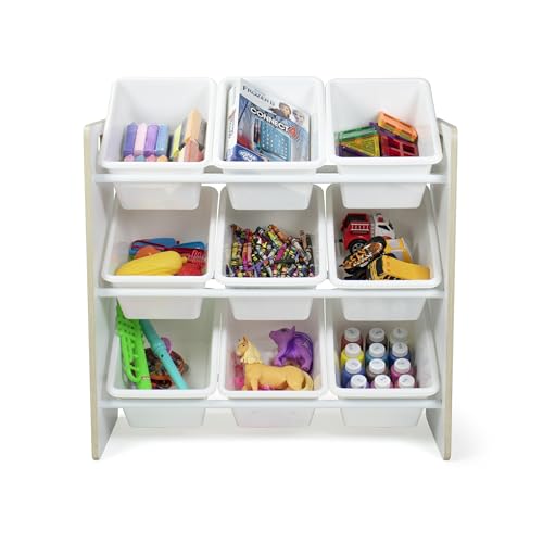 Image of Humble Crew Toy Storage Organizer with 9 Removable Storage Bins for Kids Playroom, 3-Tier Toddler Toy Organization, Light Wood /White