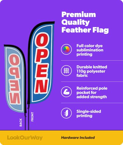 Image of LookOurWay Feather Flag Pole Kit - 7 Feet Tall Advertising Banner with Fiberglass Pole Set and Ground Spike for Business Promotion - Open Flags - Open Blue & Red