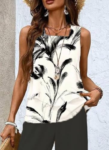 Women's 2 Piece Outfits Green Sleeveless Double Layer Top and Leaf Print Wide Leg Pants Lounge Sets 2025 Summer Trendy3