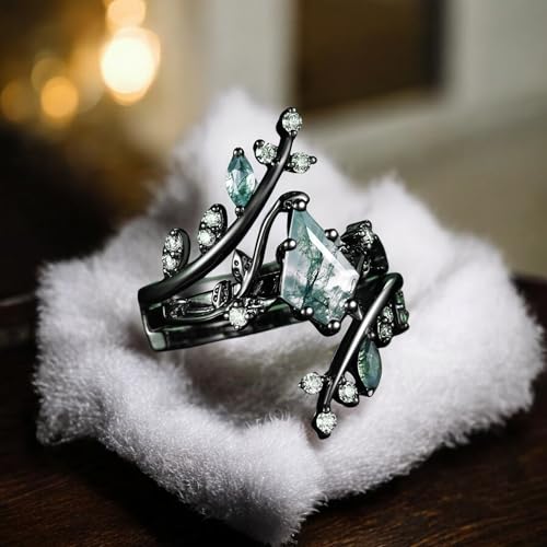 Gothic Vintage Kite Moss Agate Engagement Ring Leaf Black Gold Women Enhencer Green Gemstone Ring Bridal Promise Ring Valentine day Gift For Her3