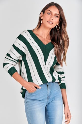 PRETTYGARDEN Sweaters for Women 2025 Long Sleeve Striped Knitted V Neck Pullover Jumper Tops Fall Outfits Fashion Clothing