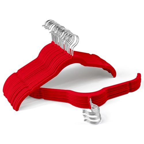 SIshynio 30 Pack Velvet Hangers – Non-Slip Slim Clothes Hangers with 360° Swivel Hook, Heavy Duty Flocked Shirt Hangers for Dresses, Suits, Blouses, Coats(Red)