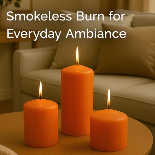 Image of Stonebriar Unscented Pillar Candles - 65 Hour Burn Time, Long-Lasting Wax Candles for Weddings, Holidays, Home Decor & Special Events, Pack of 6, Orange, 3 inch x 6 inch
