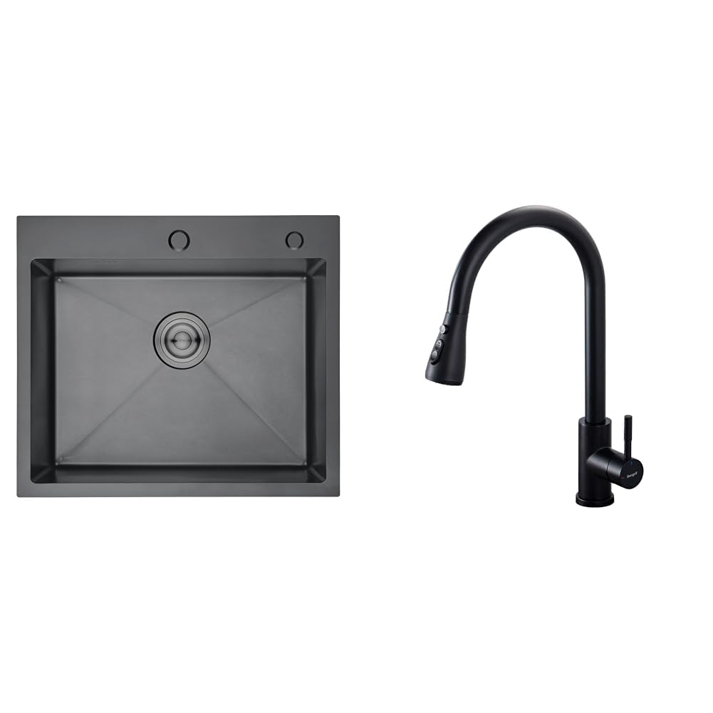 Ibergrif, M85545B Fregadero sobre Encimera con Filtro de Drenaje y 2 Agujeros de Montaje, Acero Inoxidable, 50 x 43 cm, Negro & M22136B Grifo Cocina Extraible, Mezclador de Fregadero con 3 Modos