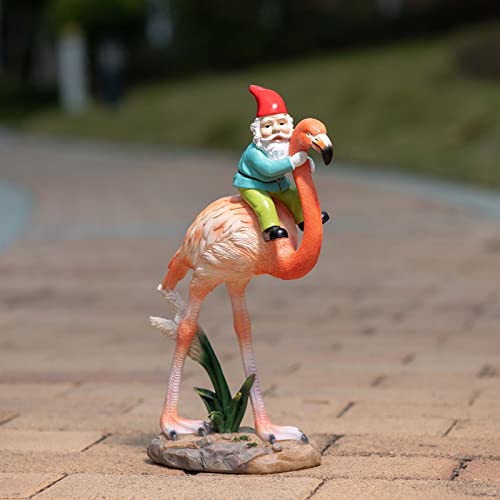 Suynybhf Garden Gnome Statue Outdoor Funny Garden Gnomes Riding Flamingo House Kitchen Figurine Patio Lawn Yard Art Housewarming Funny Resin Sculpture 11.6 Inch Gift By Hand Painted #TOP3