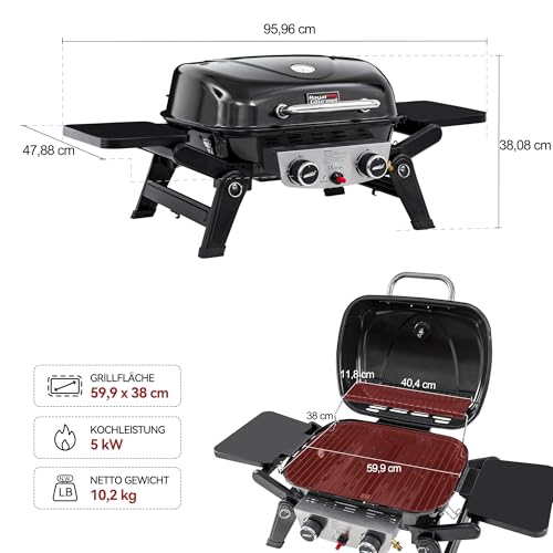 Royal Gourmet 2-Brenner Tragbarer Gasgrill, 5 kW Tischgrill mit klappbaren Seitentischen, portabler BBQ Grill für Balkon, Terrasse, Garten Schwarz - 1