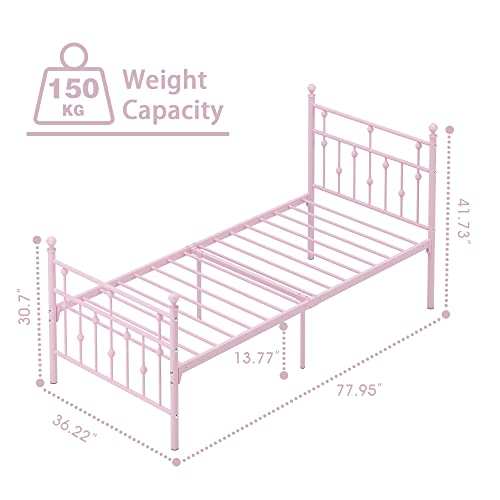Weehom Pink Metal Bed Frame Twin Size With Headboard Mattress Foundation Support Heavy Duty Steel Slat No Box Spring Need For Girls #TOP1