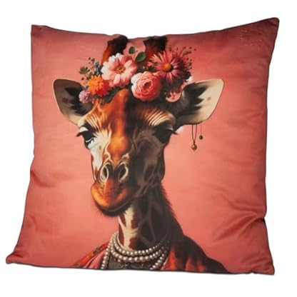 formano Samt-Kissen Giraffe 45x45cm I Dekokissen Sofakissen Zierkissen Tiermotiv Blumenschmuck Perlenketten Geschenk Wohnzimmer Schlafzimmer Dekoration Extravaganz Humor