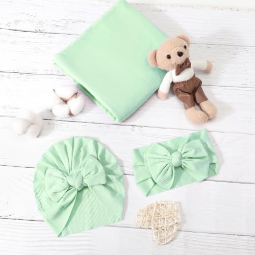 Image of DRESHOW BQUBO Baby Girl Newborn Receiving Blankets with Bow Hat Headband Wooden Birth Announcement Card Set Newborn Baby Swaddle Wrap Set Warm Shower Gift