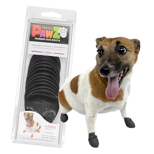 PawZ Rubber Dog Boots for Small Paws - All-Weather Waterproof Dog Shoes, Anti-Slip Traction for Rain, Snow, Mud & Hot Pavement - Pull-On Dog Booties, Black - X-Small (1.5'-2') - Pack of 12