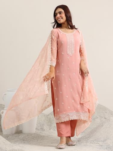 Image of Libas Peach Embroidered Chiffon Straight Kurta set for Women | ethnic wear | bridal suit | wedding dress | occasion wear
